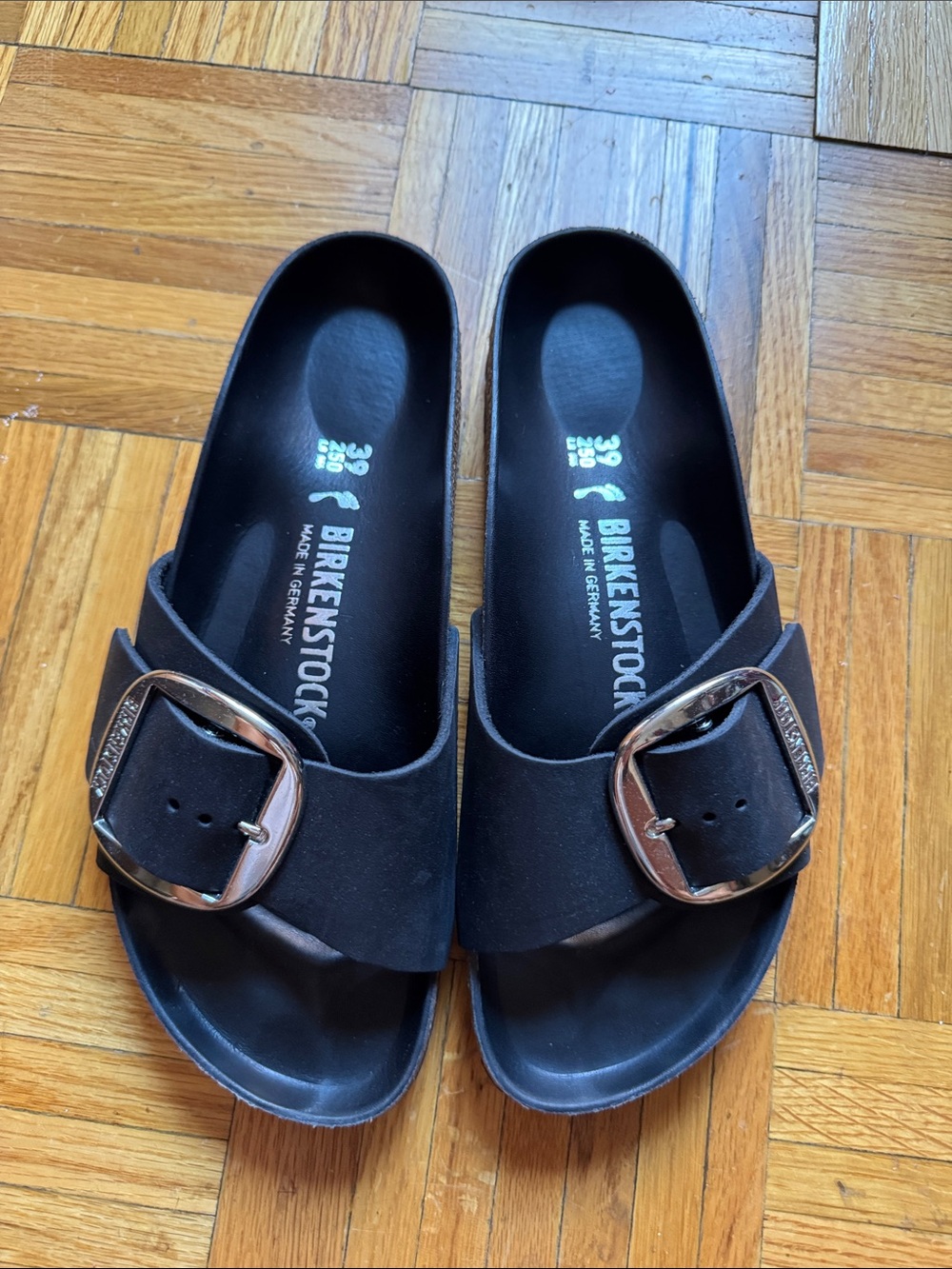 Birkenstock Black Madrid Slide Sandals with Oversized Silver Buckles